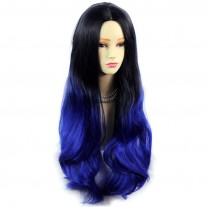 Long Wavy Lady Wigs Black Brown & Blue Dip-Dye Ombre hair WIWIGS