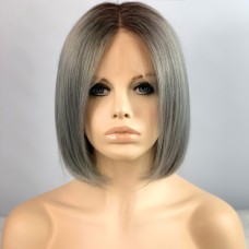 Remy Human Bob Grey Dip-Dye Ombre Brown Hair Lace Front Ladies Wigs
