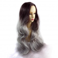 Wiwigs ® Gorgeous Long Wavy Wig Grey & Dark Auburn Dip-Dye Ombre Hair UK