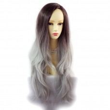 Wiwigs ® Gorgeous Long Wavy Wig Grey & Dark Auburn Dip-Dye Ombre Hair UK